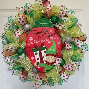 WHIMSICAL ELF. Deco Mesh CHRISTMAS WREATH Sparkle & Shine It's Christmas Time
